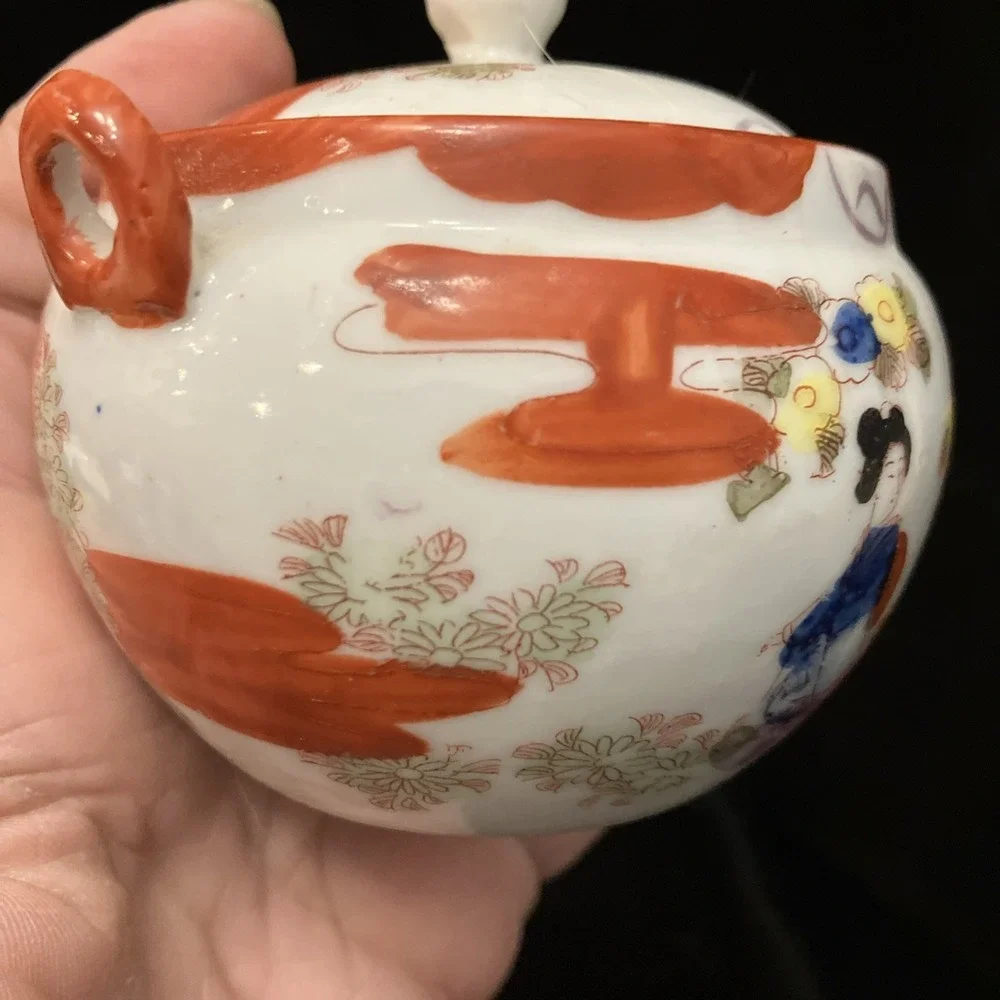 Japanese Kutani Porcelain Tea Pot w/Lid Japan Geisha Girl Cherry Blossom MCM
